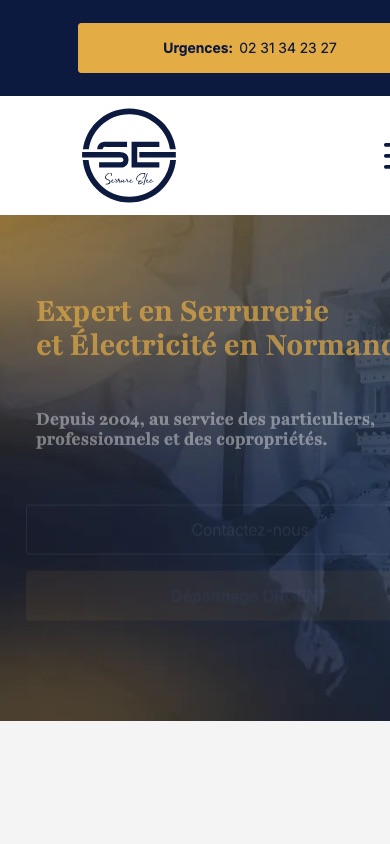 Version mobile de Serrure Elec avec le numéro d'urgence en haut d'écran