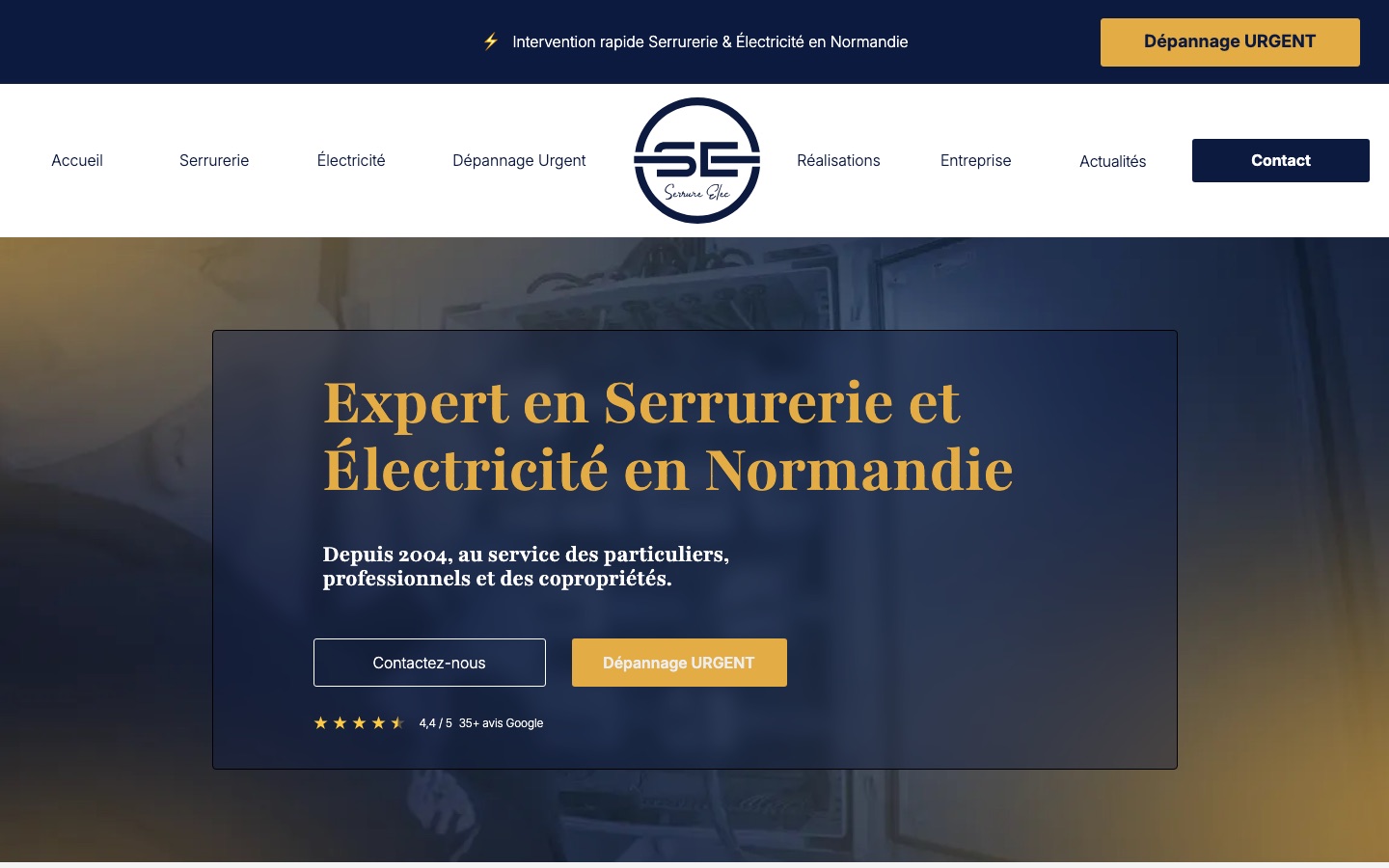 Accueil de Serrure Elec : bandeau dépannage urgent, logo centré, titre Expert en serrurerie et électricité en Normandie